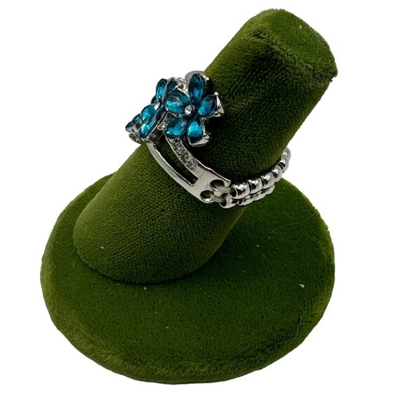 Elegant Silver-Plated Adjustable Ring With Blue Crystal Flower Accents - Picture 3 of 5